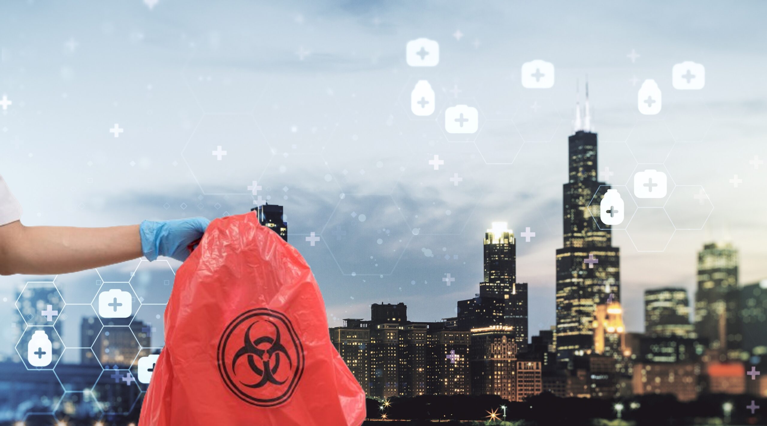 Medical waste bag in front of Chicago skyline