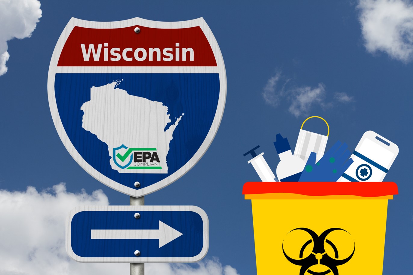 Wisconsin road sign pointing towards a bin of dental medical waste
