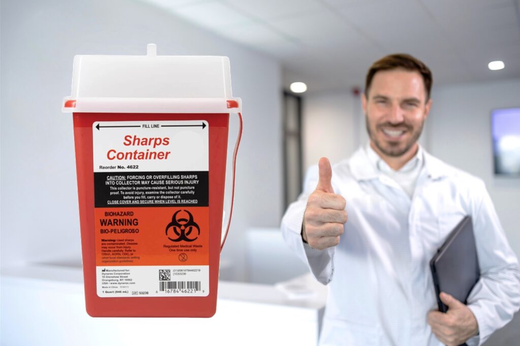 Medical professional giving a thumbs up with a medical waste disposal bin beside him